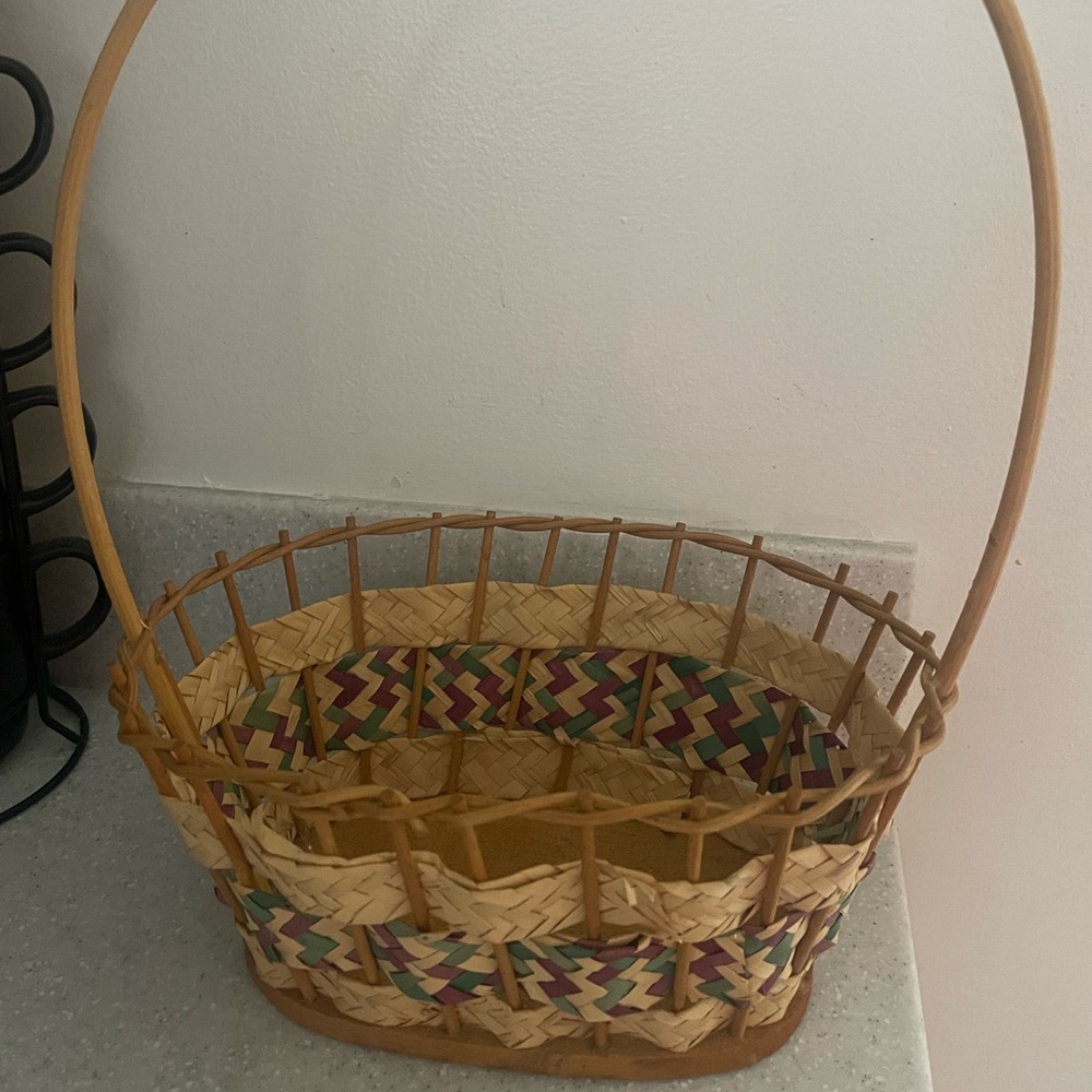Vintage Woven Wood Bottom Easter Basket Tall Handle